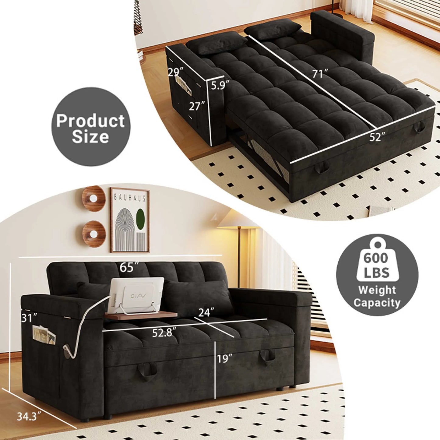 65" 3-in-1 Foldable Velvet Sofa Bed with USB Charging Port, Table Board and Storage Armrests, Adjustable Backrest Sleeper Couch for Living Room Apartment Guest Room, Black