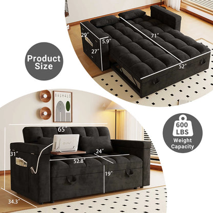 65" 3-in-1 Foldable Velvet Sofa Bed with USB Charging Port, Table Board and Storage Armrests, Adjustable Backrest Sleeper Couch for Living Room Apartment Guest Room, Black