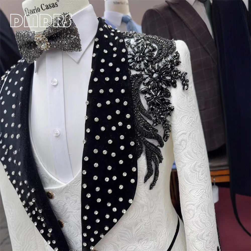 Luxury Paisley Men's Beading Suit Set, 3-piece Formal Suit Set Jacket Vest Pants Black White Rhinestones Tuxedo Set