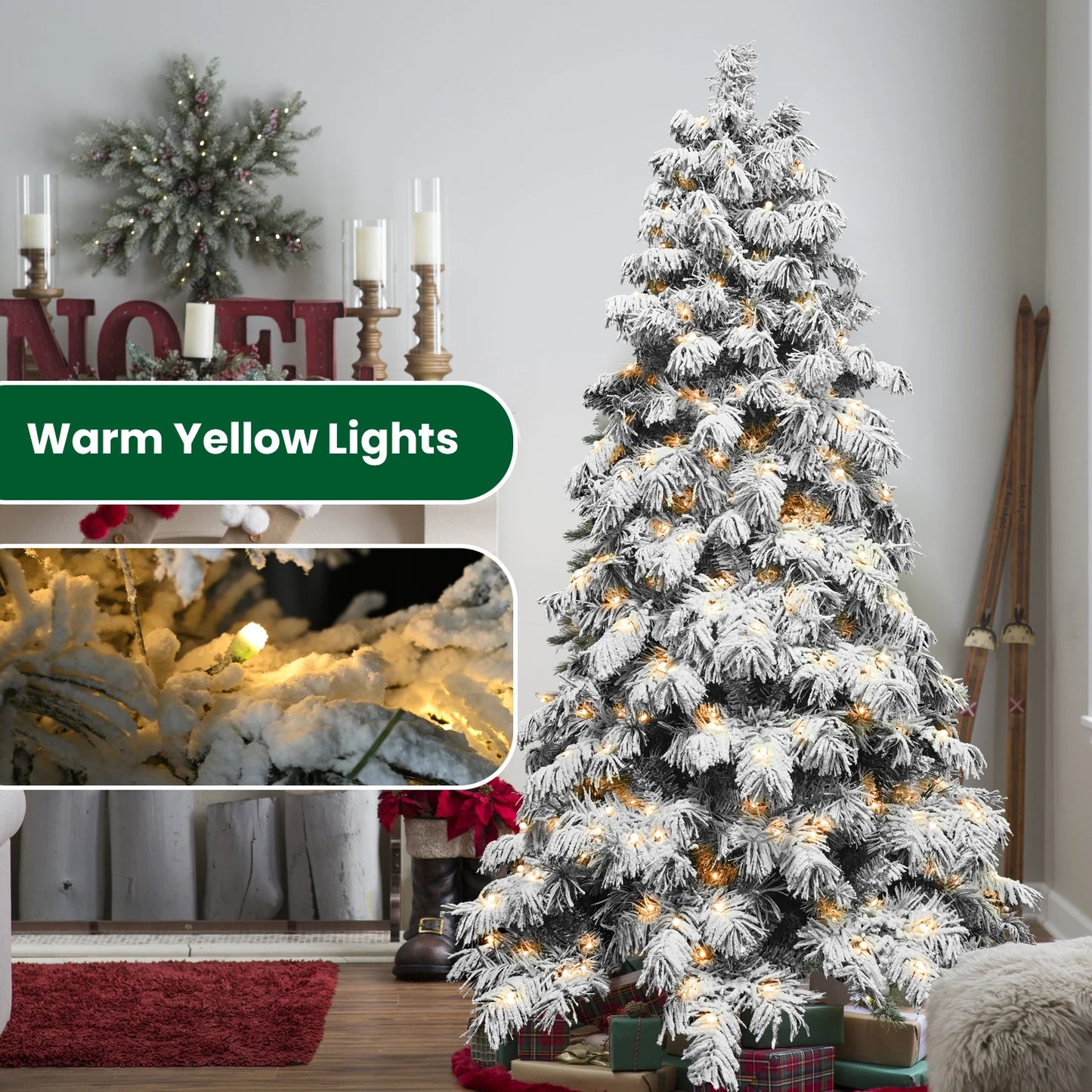 8 Foot Flocked Scarecrow-Shaped Christmas Tree with 470 LED Lights, 1242 PVC Memory Wire Tips, Power Pole Hinged Easy Setup Snowy Holiday Tree with Metal Stand
