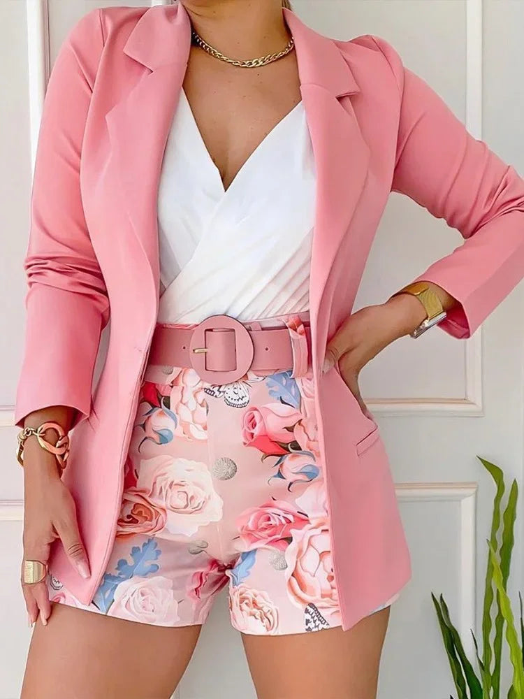2 Pieces Women's Korean Fashion Set Spring Summer Casual Long Sleeve Blazer Coats with Elegant Printing Belt And Shorts