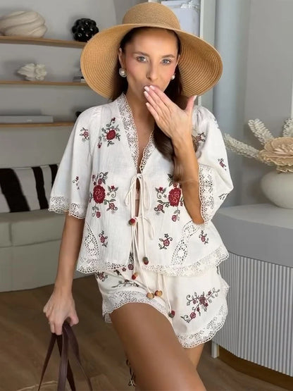 Floral Embroidered Linen-Blend Kimono Half-Sleeve Shirt & Lace Trim Shorts 2-Piece Set 2026 Summer Casual Women Office Outfit