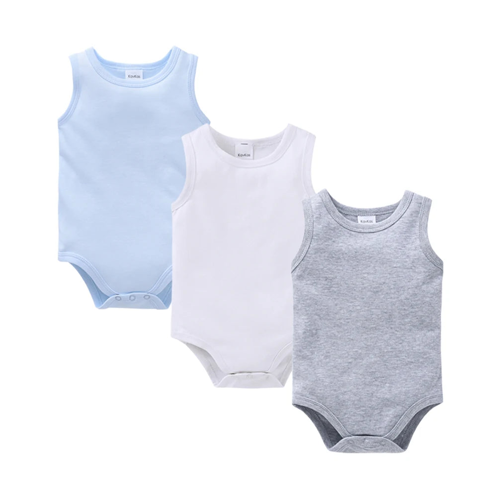 Kavkas 3 Pcs Summer Unisex Baby Vest Bodysuit 100% Cotton Sleeveless Newborn Solid Clothes 0-24 Months Clothing
