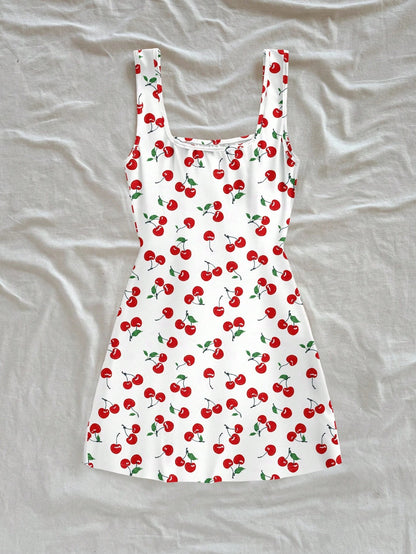 Women's Sexy Vacation Style U-Neck Cherry Print Open Back Side Slit Mini Dress for Spring/Summer