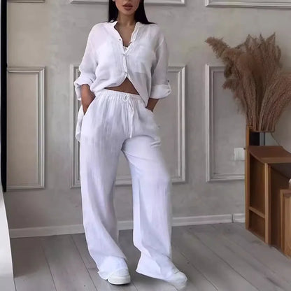 Autumn Cotton And Linen Pant Sets Women Fashion Long Sleeve Shirts Lace Up Pant Two Piece Set Casual Loose Wide Leg Pants Suit