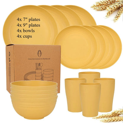 Natural Wheat Straw Tableware Set Dinnerware Sets Biodegradable Unbreakable Plates, Bowls, Cups Lightweight for Kitchen Camping