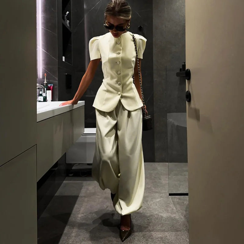 Elegant Short Sleeve Top Pants Set Women's Solid Single-breasted O Neck Waist-cinching Tops Loose Lantern Trousers 2026 Outfits