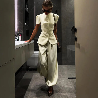 Elegant Short Sleeve Top Pants Set Women's Solid Single-breasted O Neck Waist-cinching Tops Loose Lantern Trousers 2026 Outfits