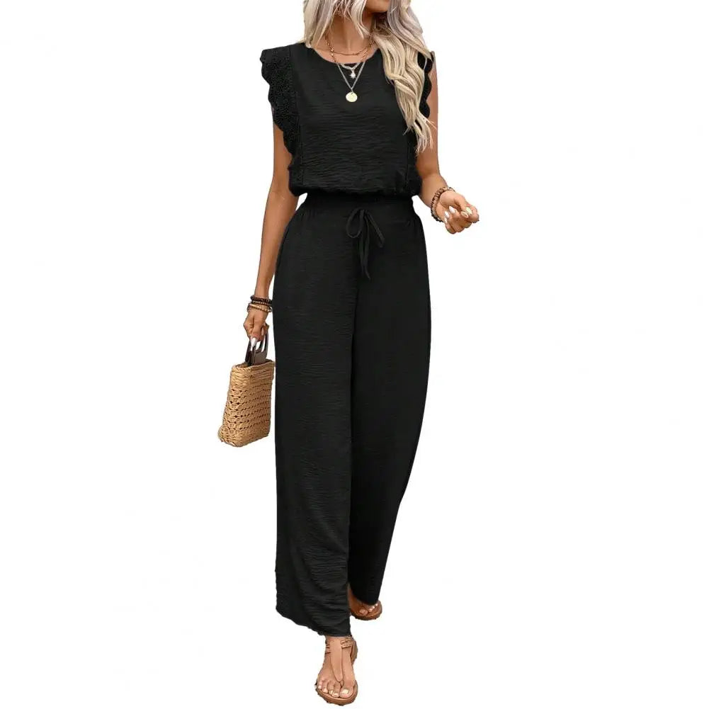 Crew Neck Top And Wide Leg Pants Set Fashionable Womens Summer Lounge Set Street Style Matching Outfit Relaxed Fit Vacation Suit
