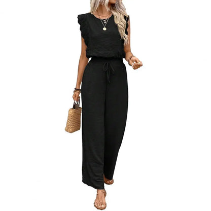Crew Neck Top And Wide Leg Pants Set Fashionable Womens Summer Lounge Set Street Style Matching Outfit Relaxed Fit Vacation Suit