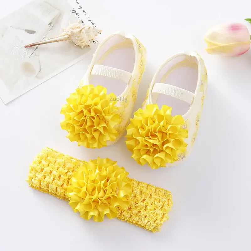 Spring Infant Baby Girl Shoes Newborn Lace Flowers Headband Anti-Slip Soft Sole First Walkers Toddler Kids Cotton Baptism Shoes