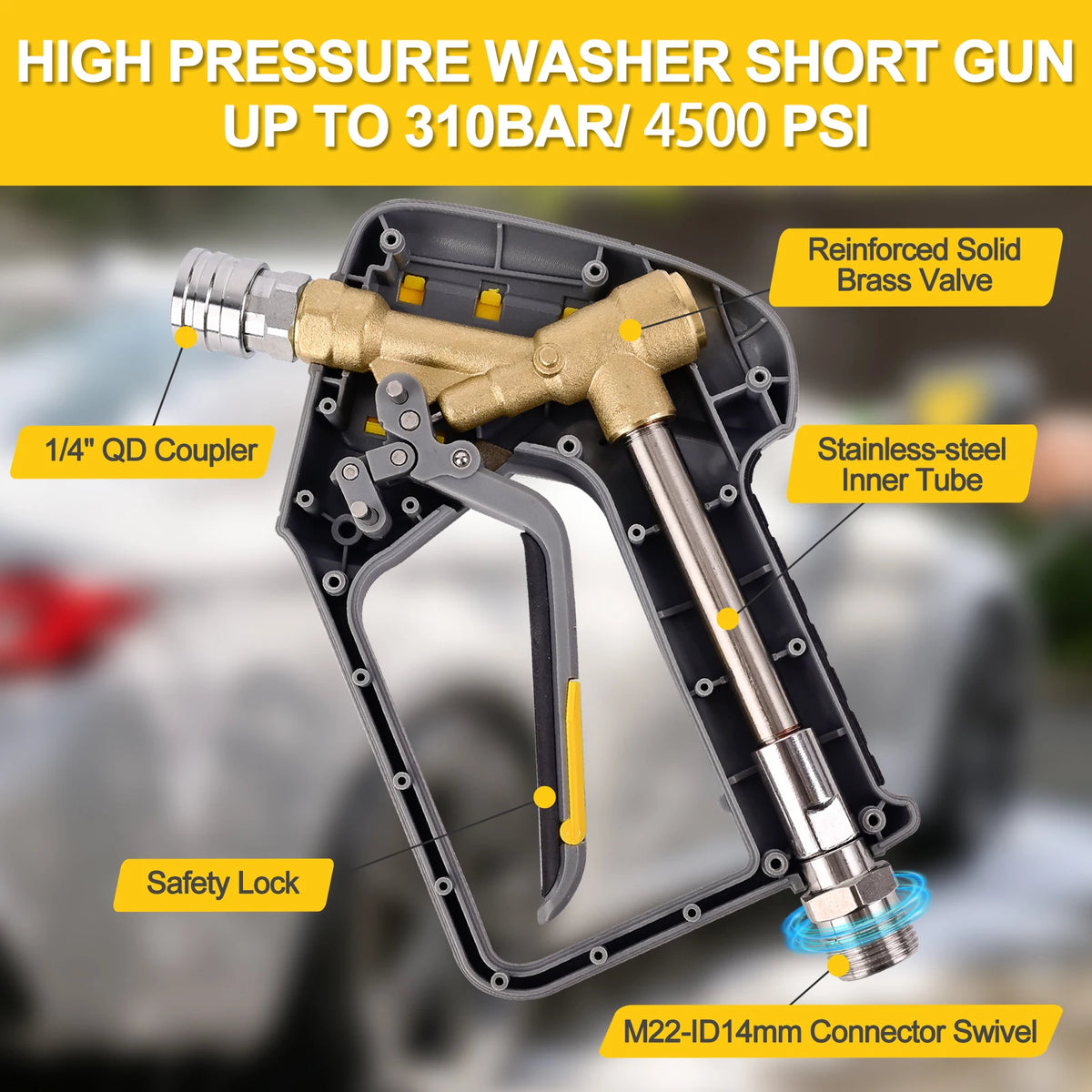 BEAR FORCE Pressure Washer Spray Water Gun with M22-14mm Inlet Male Swivel & 1/4” Quick Connector for Nozzles, Wand, Foam Cannon