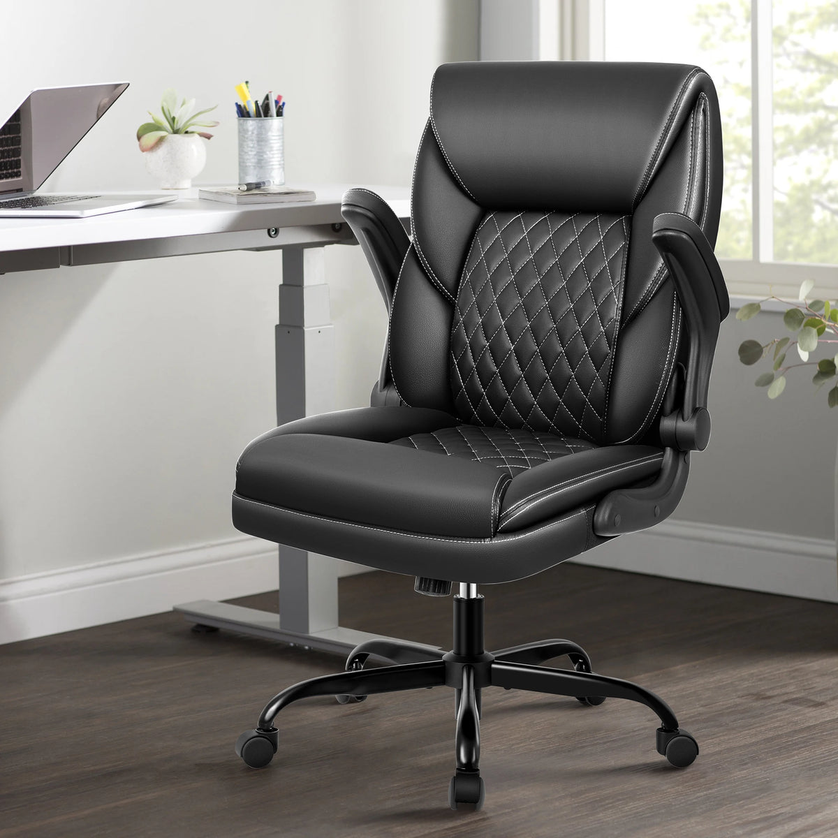 KERDOM Office Desk Chair, Mid Back Executive Leather Chair,Ergonomic Home Computer Chair,Modern Conference Room Chairs with Adjustable Flip-Up Arms and Rocking Function, Black