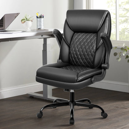 KERDOM Office Desk Chair, Mid Back Executive Leather Chair,Ergonomic Home Computer Chair,Modern Conference Room Chairs with Adjustable Flip-Up Arms and Rocking Function, Black