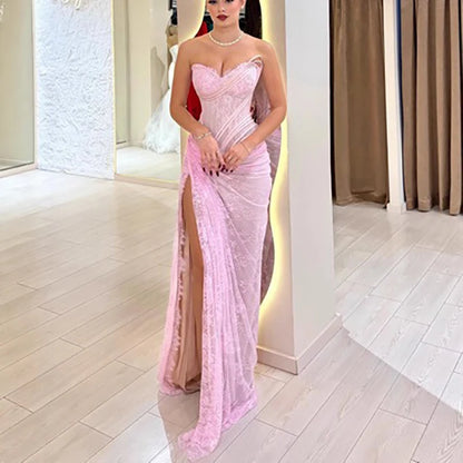 Women Fashion High Waist Split Slim Evening Dress Sexy Lace Embroidery Luxury Gowns Sexy Strapless Sleeveless Irregular Dresses