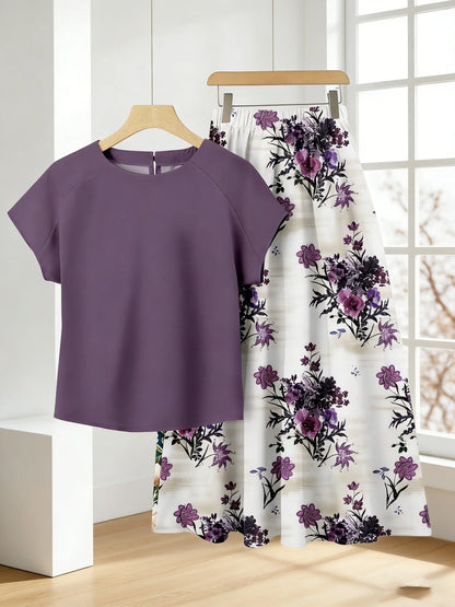 Retro Women's Plus Size Ink Purple Printed Skirt + Simple Purple Short-Sleeved T-Shirt Elegant Women's Casual Suit