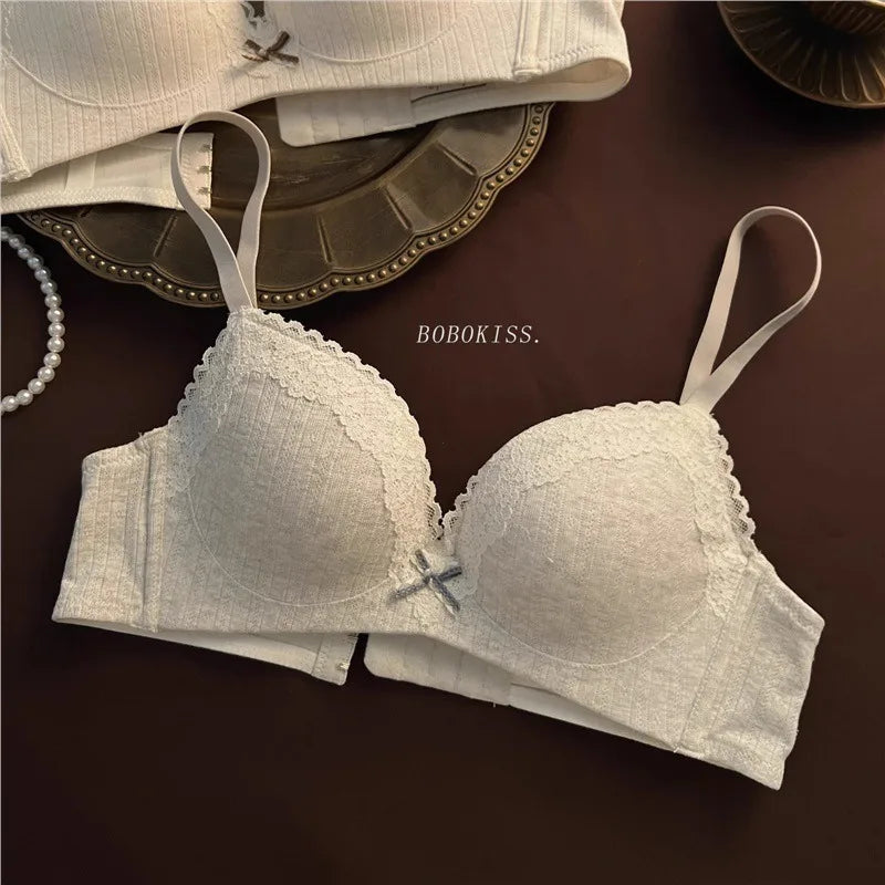 Teenage Sexy Lace Floral Bra Set Comfortable Non-steel Ring Beauty Back Small Breasts Gathered up Support Anti-Sagging Bra Set