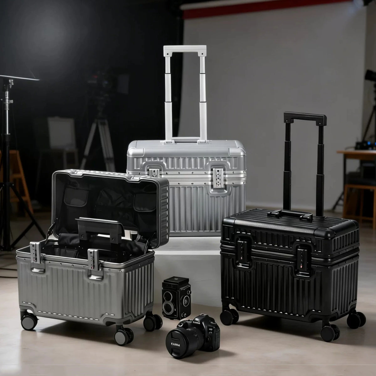 Top Opening Suitcase 18inch Boarding Carry-on Travel Photographer Rolling Luggage PC Material with Aluminum Alloy Frame TSA Lock