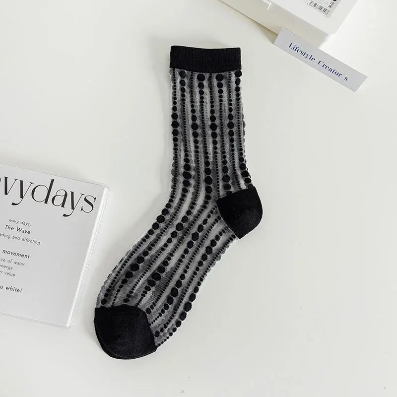 Transparent Crystal Silk Socks Women Fashion Ultra-thin Summer Harajuku Crew Socks Flower Streetwear Elastic Long Mesh Socks