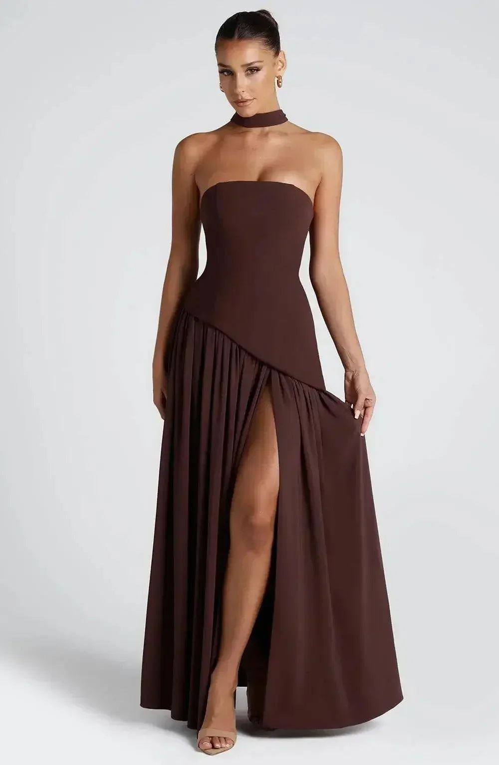 Solid Spliced Ribbon Maxi Dress Women Elegant Strapless Sleeveless Slit Long Dresses 2025 New Summer Holiday Party Lady Vestidos