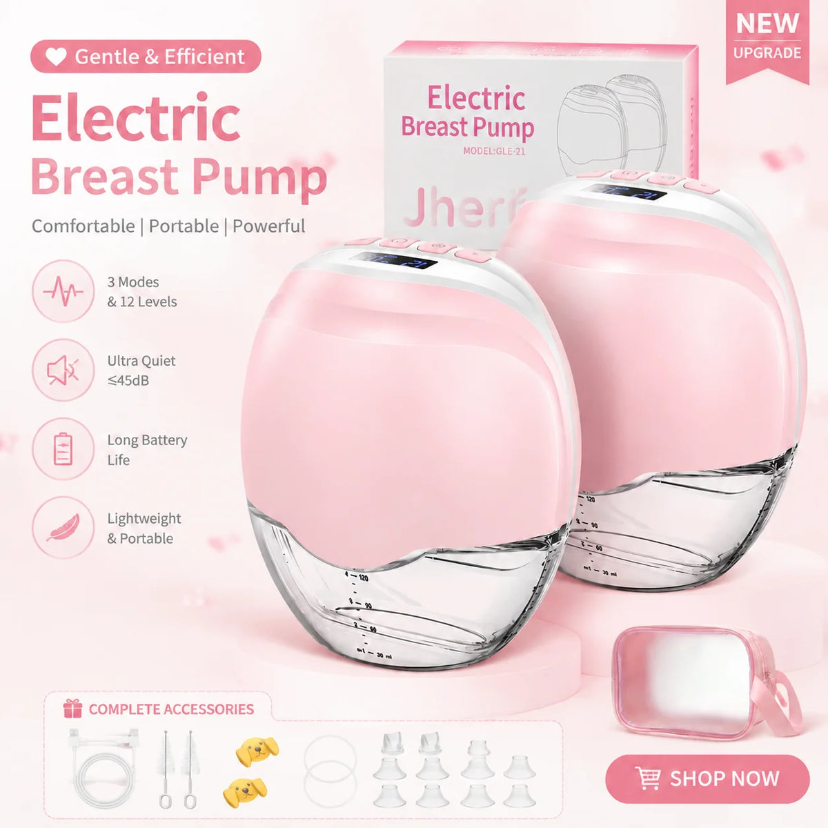 2pcs Electric Breast Pump, 3 Modes & 12 Levels Quiet Rechargeable, Portable, Automatic Milk Extractor for Breastfeeding
