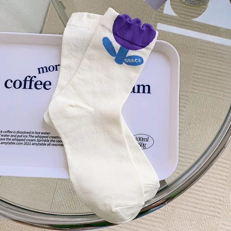 New Style Crew Socks for Women Spring Fashion Cute Flower Long Cotton Socks Japanese Style Breathable Casual Trendy Absorb Sweat
