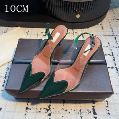 Women's Heart Clear Heeled Sandals Pointed Toe Transparent Slingback Heels Buckle Strap Patent Leather Party Prom Dress Shoes