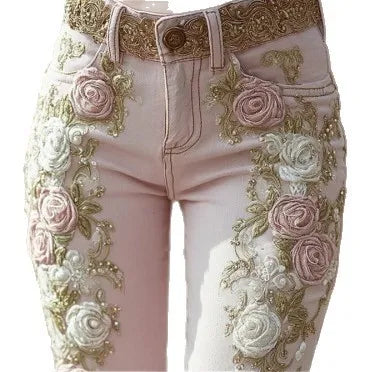 Women's pants 2025 women's retro pink rose embroidery art print jeans with elegant temperament