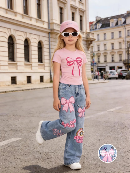 Girls' Y2K Style 2-Piece Set: Pink Bow-Print Slim-Fit Cropped Short-Sleeve Tee + Cartoon Donut, Bow, and Floral Print Wide-Leg J
