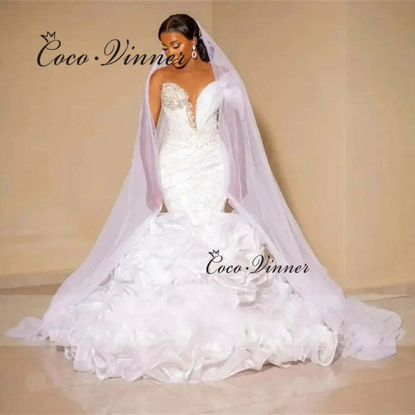 Customized Ruffle Train Fashion Mermaid Wedding Dress 2026 New Sexy V Neck One Shoulder Africa weddings dresses bridal W1490