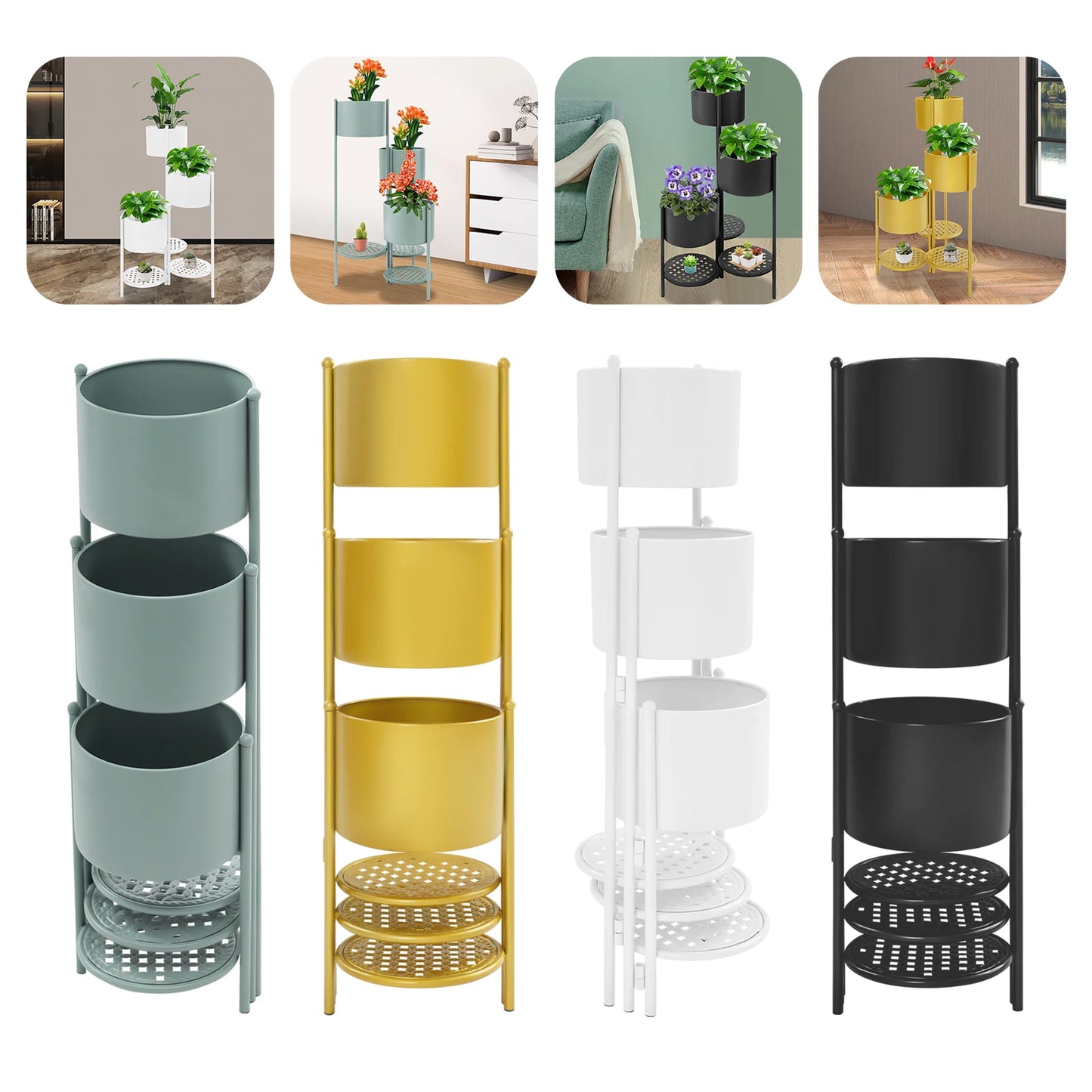 3 Tier Corner Plant Stand Foldable, 16x31in Iron Flower Pot Holder w/ Shelves for Indoor Outdoor Balcony, White/Green/Gold/Black