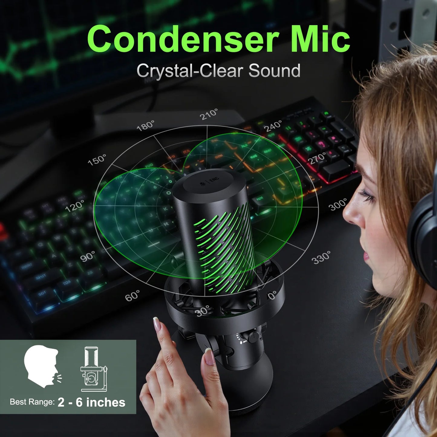 Tenlamp RGB USB Streaming Microphone, Professional Condenser Mic for PC Mac, Gaming Audio Equipment for Laptop Desktop Recording Podcasting YouTube Vlog Live Streaming Studio