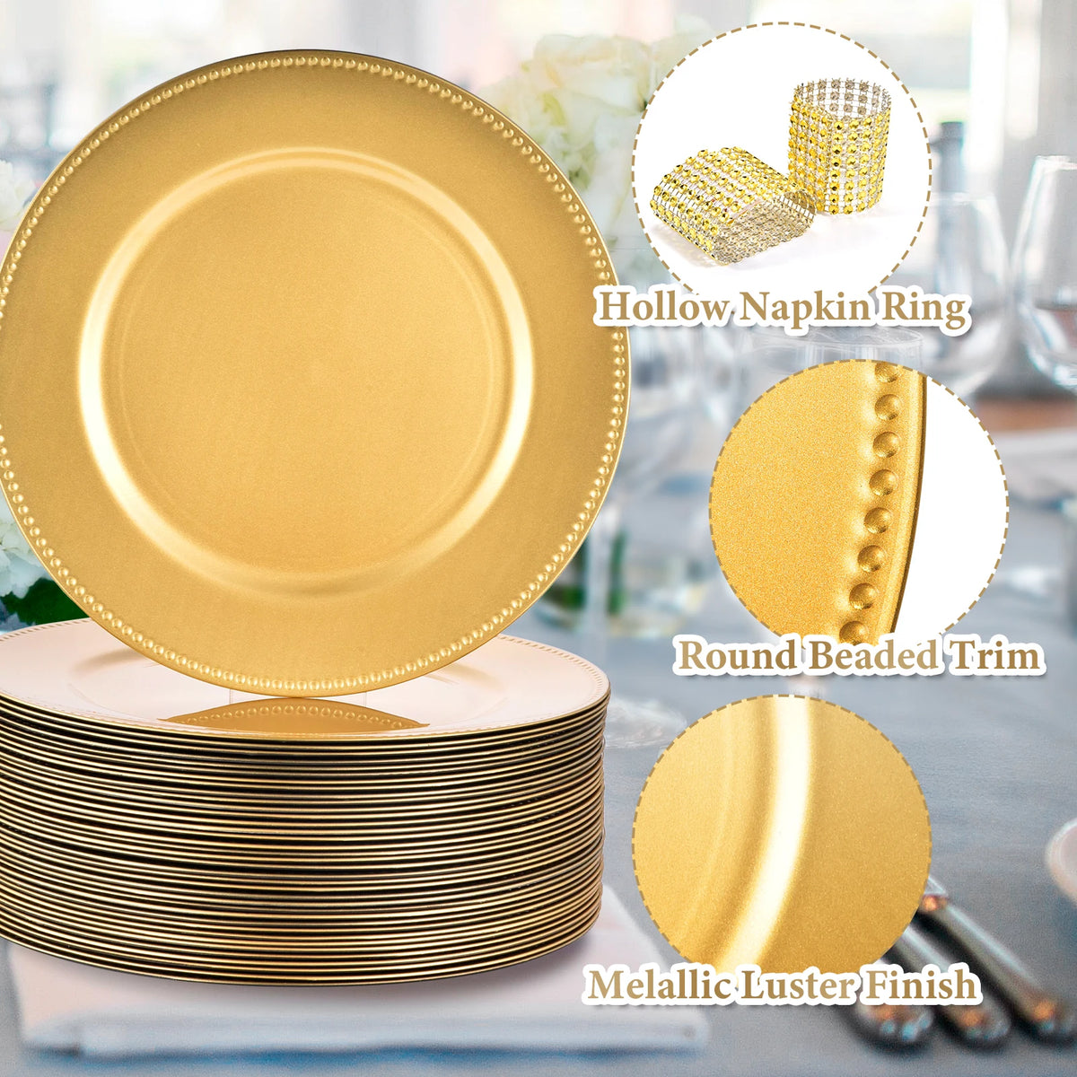 Gold Charger Plates Set of 50 Bulk 13 Inch Round Heavy Duty Reusable Plastic Dinner Chargers with Matching Napkin Ring Holders, Elegant Beaded Decorative Table Setting Serveware for Wedding Reception Christmas Party Holiday B