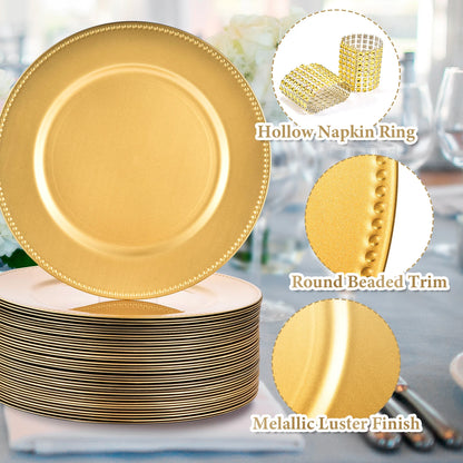 Gold Charger Plates Set of 50 Bulk 13 Inch Round Heavy Duty Reusable Plastic Dinner Chargers with Matching Napkin Ring Holders, Elegant Beaded Decorative Table Setting Serveware for Wedding Reception Christmas Party Holiday B