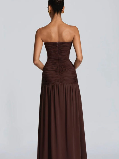 Chaxiaoa Strapless Deep V Neck Ruched Maxi Dresses for Women 2026 Elegant High Split Bodycon Party Evening Dress White Coffee