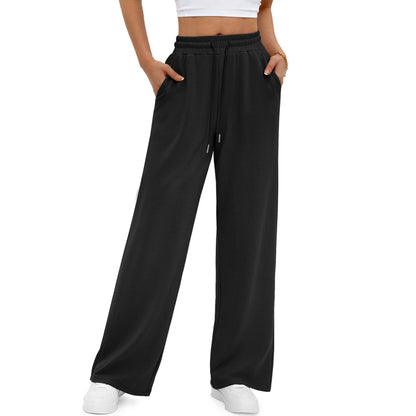High Waisted Straight Leg Pants Drawstring Waistband Casual Pants Loose Wide Leg Sports Pants Trousers With Pocket