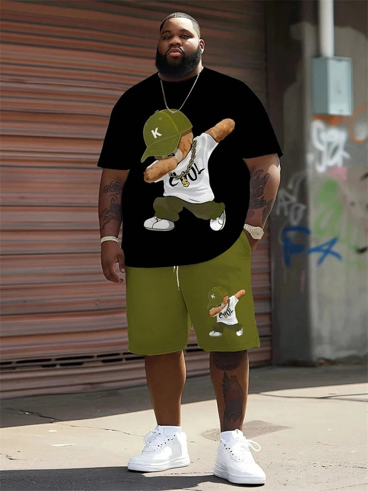 2026 Summer Men 2-Piece Set Fun Cartoon Bear Print Short-Sleeve T-Shirt and Shorts Set Sporty Style Plus Size Fashionable Outfit