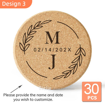 30pcs Personalized Cork Coasters-Tieiw Design-Wedding Favor for Guests Party Bridal Shower Corporate Engraved Coaster Gifts Bulk