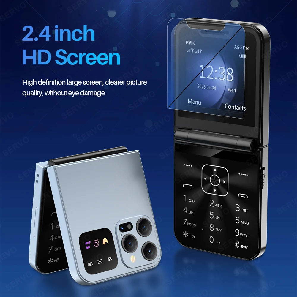 SERVO A50 PRO Flip Mobile Phone 2.4" Display Speed Dial Call Recording Blacklist 2 SIM Unlocked Foldable Cellphones New Version