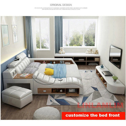 MINGDIBAO  All In One Bed, Luxury Multifunctional Genuine Leather Bed Frame with Tatami, Tech Smart Ultimate Lit 2 Personnes
