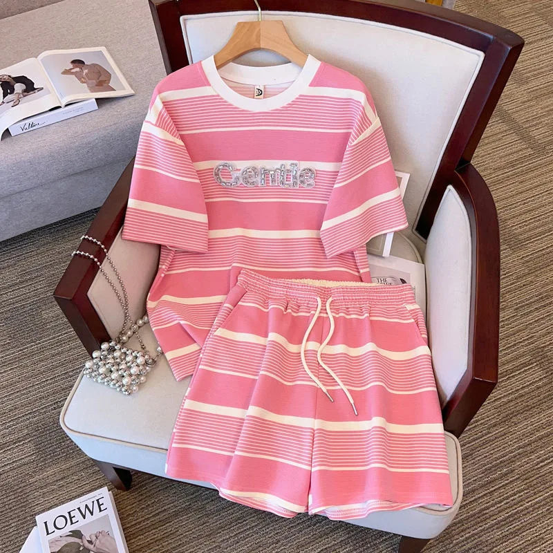 Women Plus Size Summer Regular Short Sleeve Suits Casual Strecth Cute Outfits Women Stripe O Neck Loose Two Piece Shorts Sets