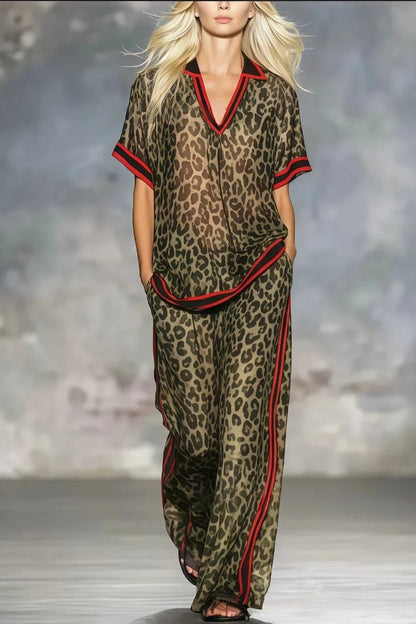 Women Leopard Print Two Piece Set Summer Casual Stripe V-Neck Short-sleeved Top & Wide Leg Pants Red Trim Casual Vacation Outfit