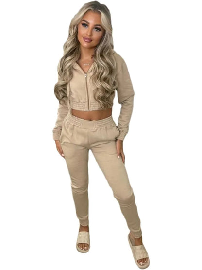 Fleece Hooded Sweatshirt Short Hooded Women's Suit Autumn Winter New Casual Zipper Hoodie Sports Jogging Pants Female 2piece Set