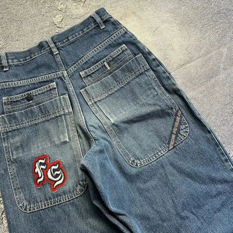 Y2K Harajuku Letter Embroidery Loose Jeans | Hip-Hop Black Denim | Men's Streetwear Trousers