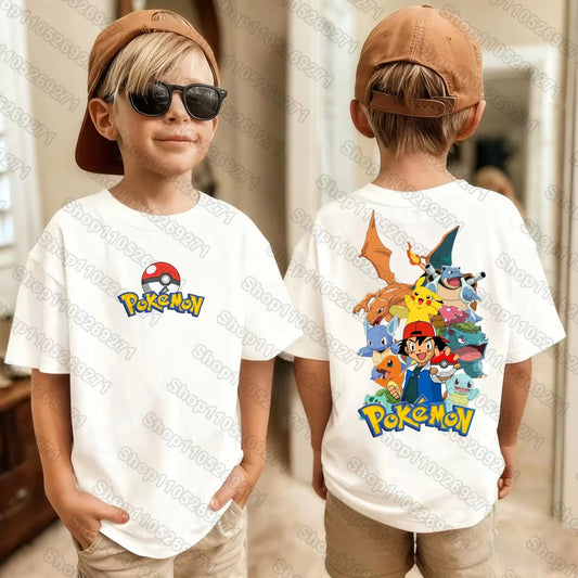 Pokemons Pikachu Cartoon Kids Printed T-Shirts Boys Girls Casual Short Sleeves Tops Children's Harajuku Fashion Tee Clothing