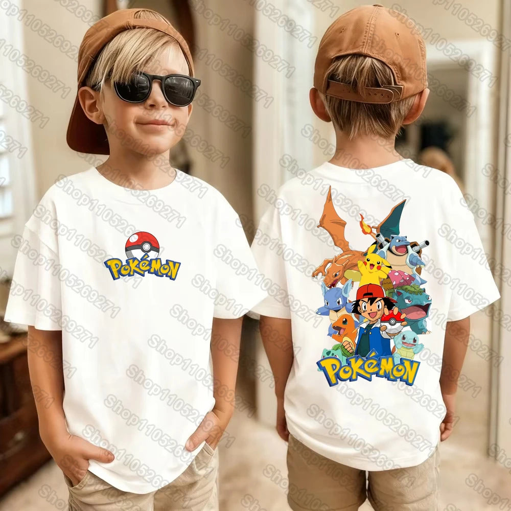 Pokemons Pikachu Cartoon Kids Printed T-Shirts Boys Girls Casual Short Sleeves Tops Children's Harajuku Fashion Tee Clothing