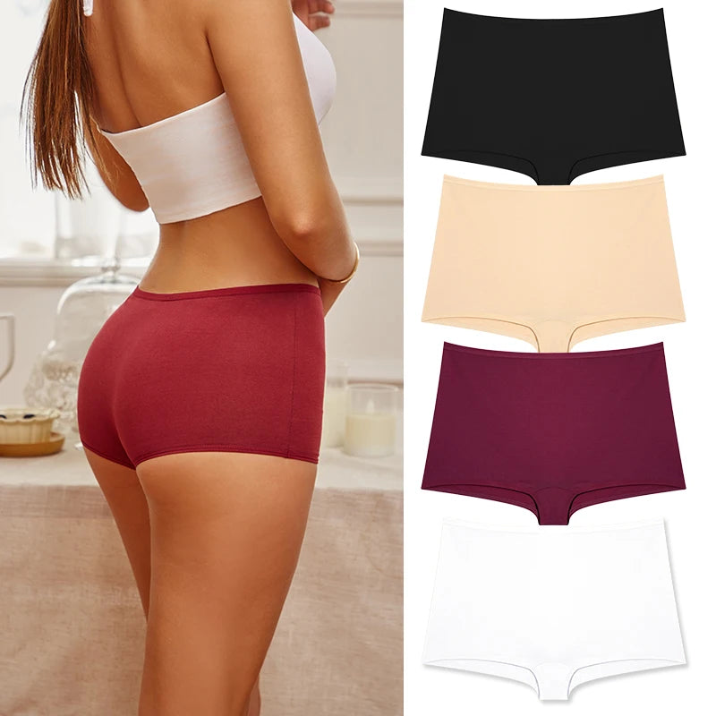 4PCS/Set Women Cotton Panties Sexy Low Rise Boyshorts Seamless Sports Boxers Female Comfortable Underwear Solid Color Lingerie