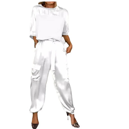 Elegant Satin Two Piece Set Women Outfits Spring Summer Casual Solid O Neck Shirt Long Pants Tracksuit Fashion Female Loose Suit