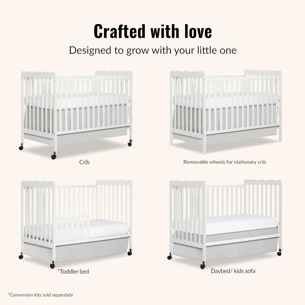 White 3-in-1 Convertible Baby Crib with 4 Height Adjustments, Toddler Bed Conversion & Locking Wheels