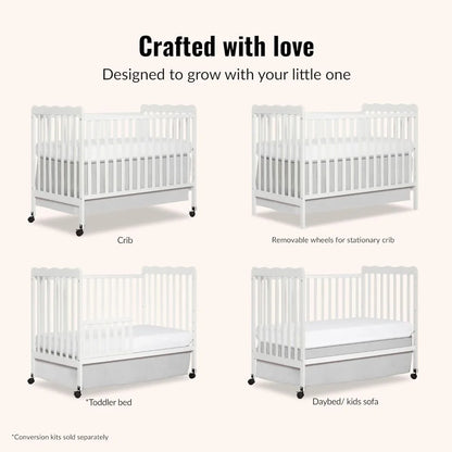 White 3-in-1 Convertible Baby Crib with 4 Height Adjustments, Toddler Bed Conversion & Locking Wheels
